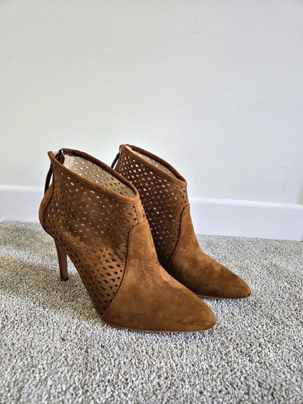Zara Perforated Pointed-Toe Heeled Booties in Brown